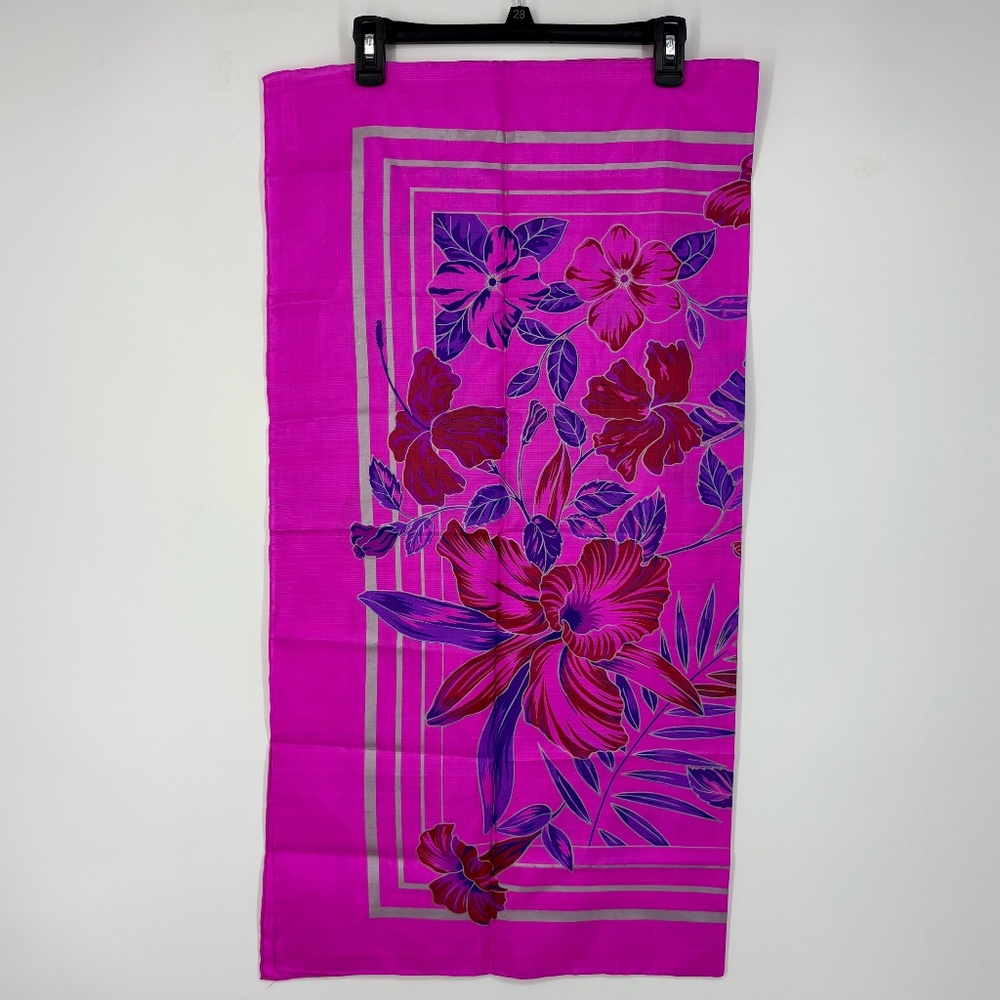 Vintage Thai Raw Silk Square Scarf Fuchsia Pink Purple Floral with Silver Trim - Picture 5 of 9